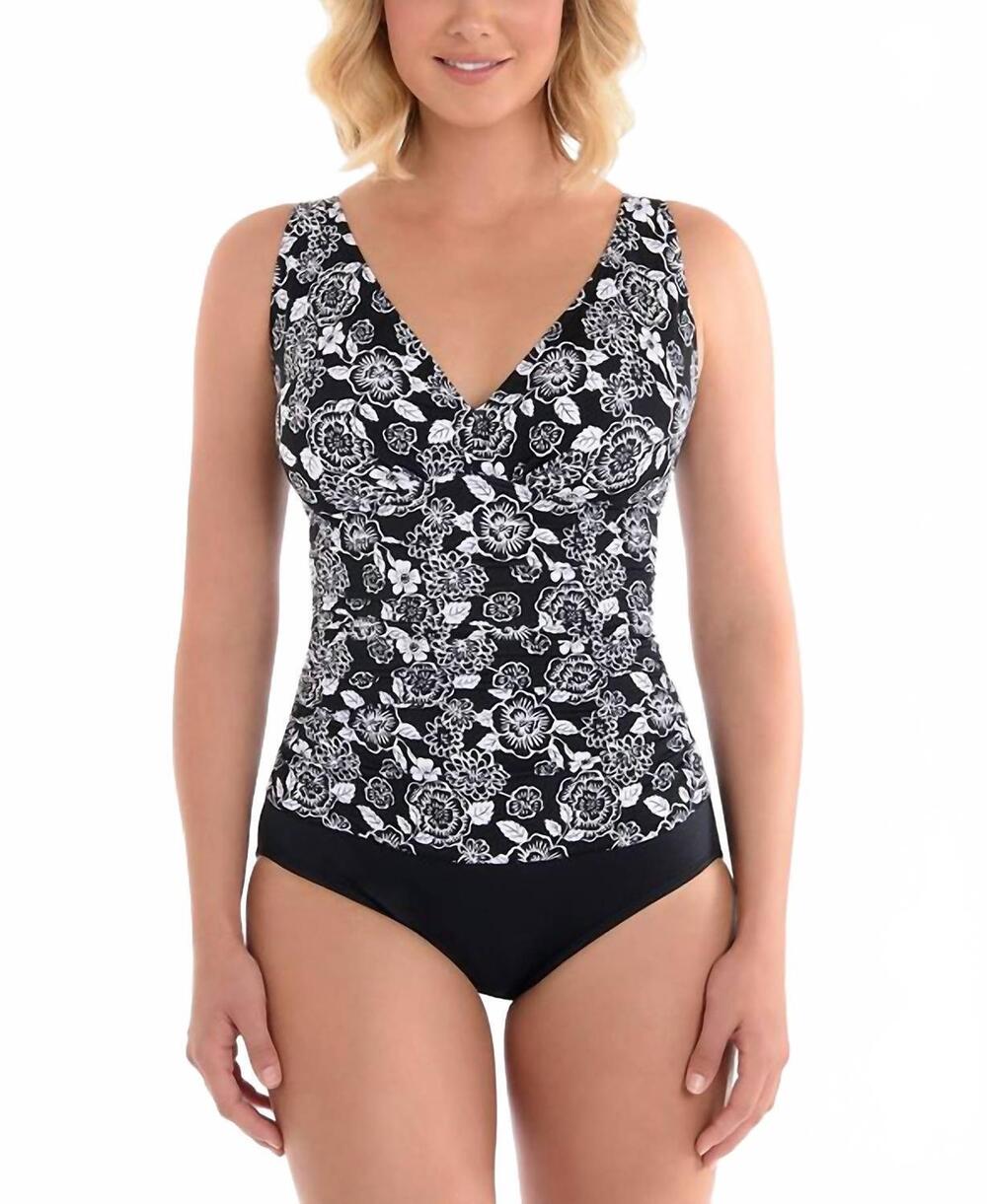 NEW SWIM SOLUTIONS mini picks printed tummy control one piece swimsuit in black/